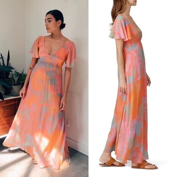 VEDA Bright Floral Short Flutter Sleeve V-Neck Ruched Empire Waist Maxi Dress XS - Picture 7 of 16